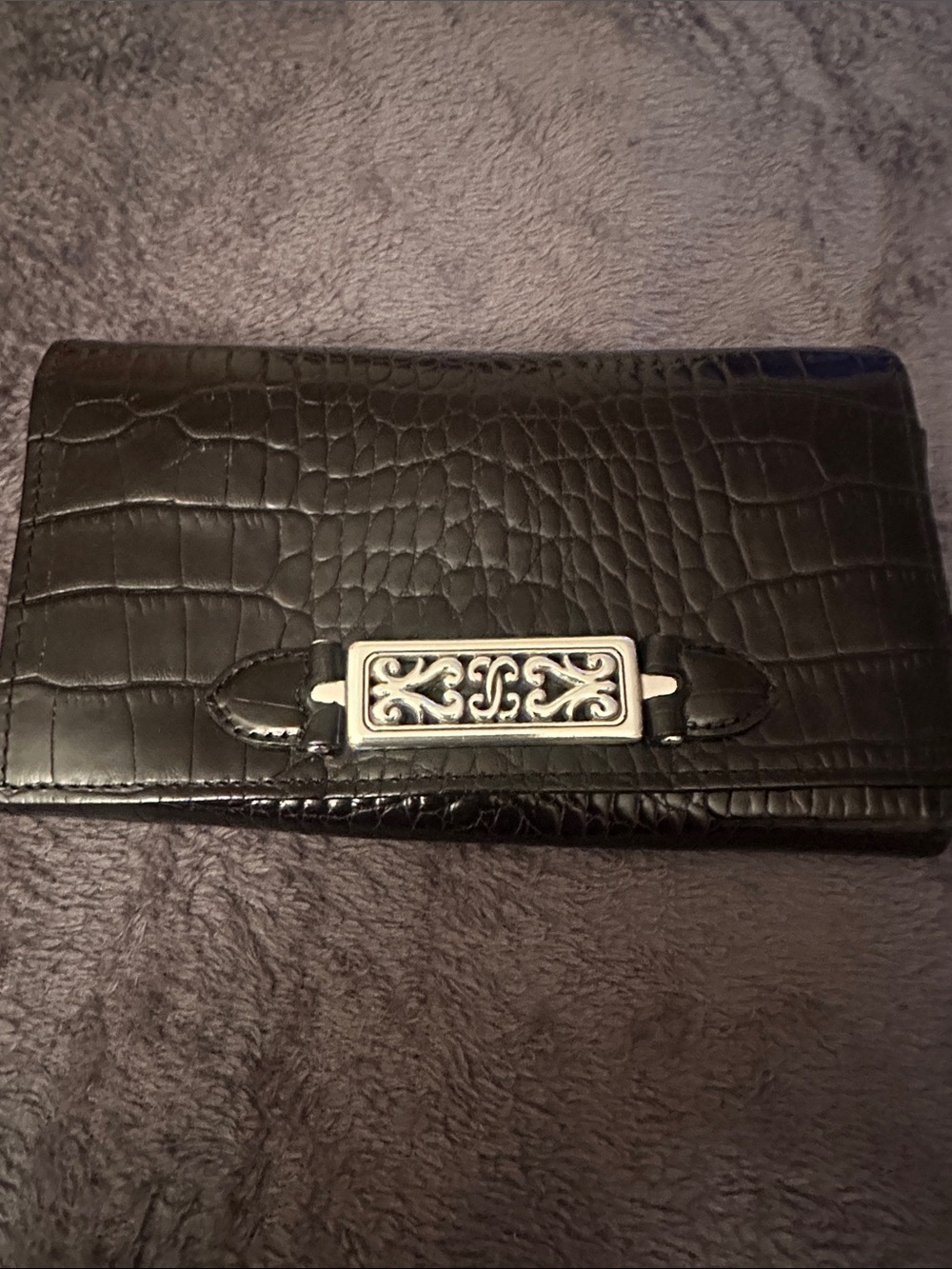 Brighton Classic Black Croc-Embossed Wallet with Silver Accent